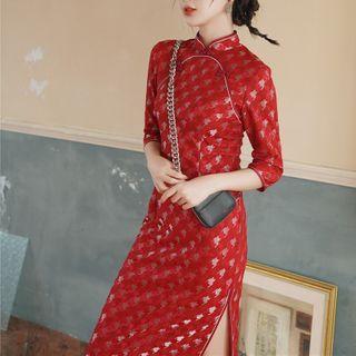 Elbow-sleeve Houndstooth Patterned Qipao Dress