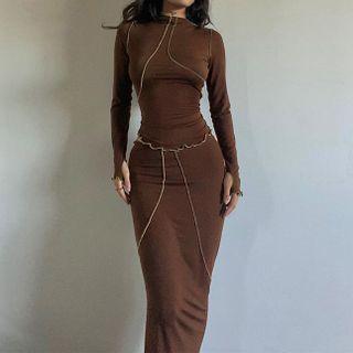 Set: Long-sleeve Ruffled Seam-trim Open-back Top + Midi Skirt