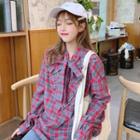 Plaid Tie-neck Blouse As Shown In Figure - One Size