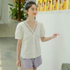 Lace Trim V-neck Short-sleeve Blouse White - One Size
