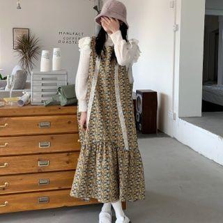 Patterned Tiered Midi Overall Dress / Mock-neck Lace Trim Top