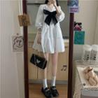 Bell-sleeve Ribbon Tiered Mini A-line Dress