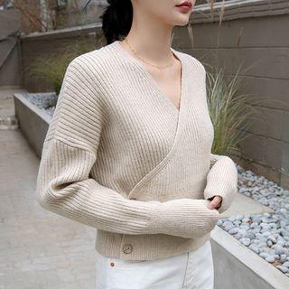 Buttoned Cropped Rib-knit Wrap Top