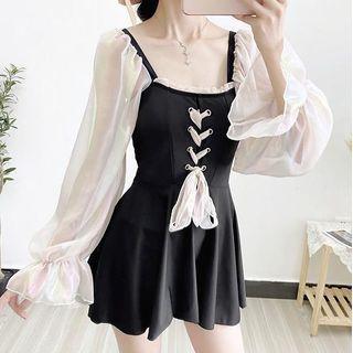 Long-sleeve Panel Lace-up Swimdress