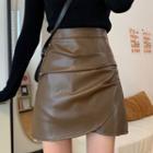Asymmetrical Faux Leather Ruched Mini Skirt