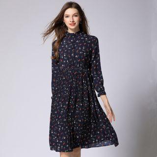 Stand Collar Floral Chiffon Dress