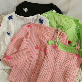 Flower-accent Ribbed Crop Top / Light Cardigan
