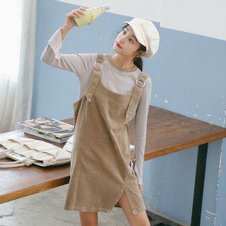 Set: Mock Neck Long-sleeve T-shirt + Slit Corduroy Pinafore Dress