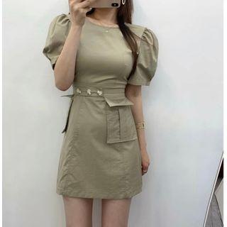Puff-sleeve Pocket Detail Dress