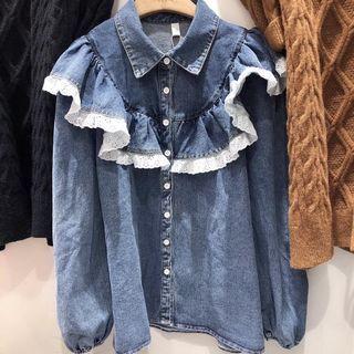 Ruffle Trim Denim Shirt Blue - One Size