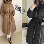 Hooded Quilted Long Coat With Sash