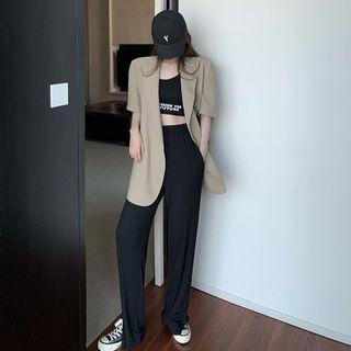 Lettering Cropped Tank Top / Straight-cut Pants / Short-sleeve Blazer