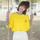 Striped Panel Cartoon Embroidered Long-sleeve T-shirt