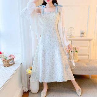 Loose-fit Cardigan / Sleeveless Floral A-line Dress