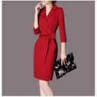3/4-sleeve Ribbon-waist Sheath Dress