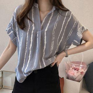 Short-sleeve Striped Open-placket Blouse