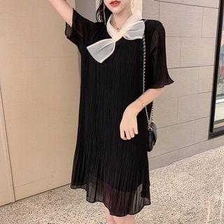 Bow Accent Pleated Chiffon Dress