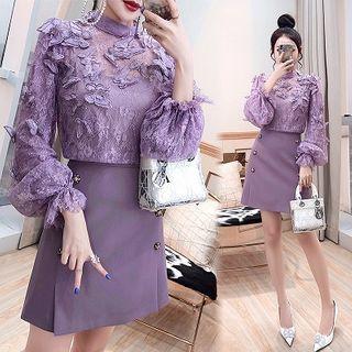 Set: Butterfly Applique Blouse + Mini A-line Skirt + Camisole