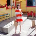 Off-shoulder Color-block Ruffle-hem Dress