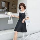 Short-sleeve Mock Two-piece Drawstring A-line Dress