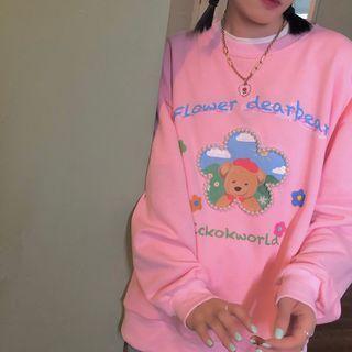 Long-sleeve Round-neck Bear Print Pearl Sweatshirt