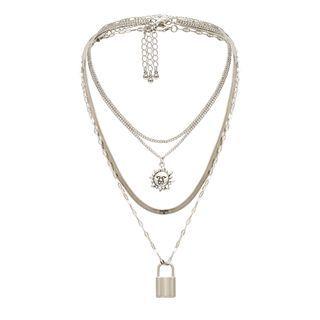 Set: Alloy Embossed Sun / Padlock Pendant Necklace / Choker (assorted Designs) 0401 - Silver - One Size