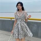 Lace Top / V-neck Printed Ruffle A-line Dress