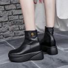 Genuine Leather Buttoned Platform Hidden Wedge Ankle Boots