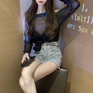 Chain Cold-shoulder Pointelle Knit Top Black - One Size