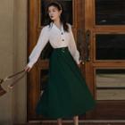 Set: Long-sleeve Buttoned Blouse + Midi A-line Skirt