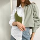 Long Sleeve Paneled Faux Leather Loose-fit Shirt