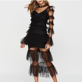 Dotted Mesh Panel Long-sleeve Tiered Dress