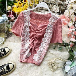 Ruched Lace-panel Short-sleeve Blouse