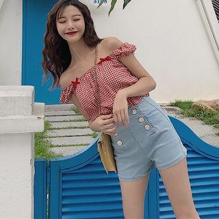 Gingham Off-shoulder Crop Top Top - Gingham - Red - One Size