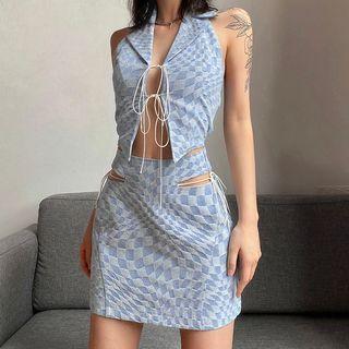 Halter Tie-front Crop Top / Cutout Mini Skirt
