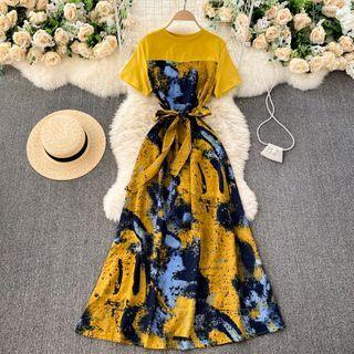 Short-sleeve Print Tie-waist Maxi A-line Dress
