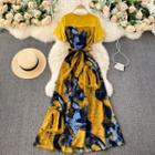 Short-sleeve Print Tie-waist Maxi A-line Dress