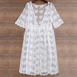 Embroidered Mesh Elbow-sleeve Long Light Jacket