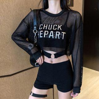 Lettering Long-sleeve Mesh Top / Camisole Top / Shorts