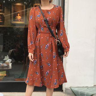 Flower Print Long-sleeve Midi Dress