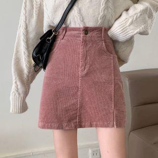 Corduroy High-waist Slit A-line Mini Skirt