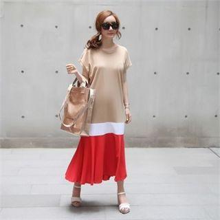 Cuffed-sleeve Color-block Maxi Dress