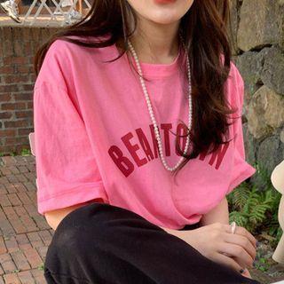 Elbow-sleeve Lettering T-shirt Red & Pink - One Size