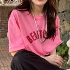 Elbow-sleeve Lettering T-shirt Red & Pink - One Size