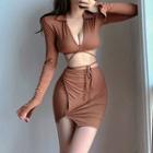 Set: Long-sleeve Deep V Cropped Top + Side-slit Mini Skirt