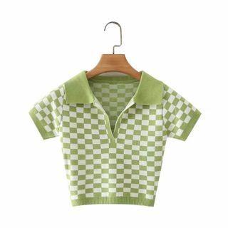 Plaid Knit Short-sleeve Cropped Polo Top Light Green - One Size