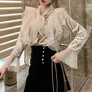 Bell-sleeve Mesh Panel Velvet Top