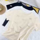 Short-sleeve Beaded Bow Accent Cropped T-shirt