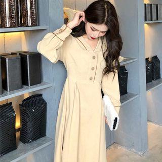 Contrast Trim Long-sleeve Midi A-line Polo Dress