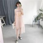 Set: Print Mesh Tank Top + Spaghetti Strap Dress